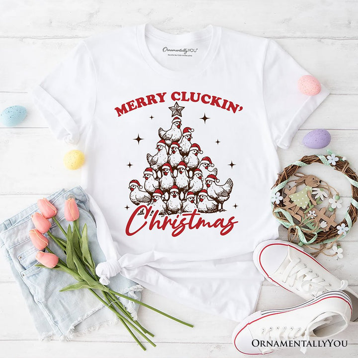 Merry Cluckin' Christmas Tree T‑Shirt, Funny Santa Hat Chicken Farmhouse Tee T-Shirts OrnamentallyYou White XS 