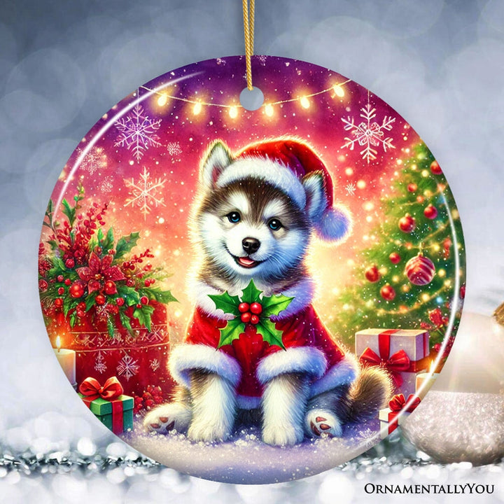 Merry Holly Berry Siberian Husky Ornament, Whimsical Christmas Tree Decor Ceramic Ornament OrnamentallyYou 