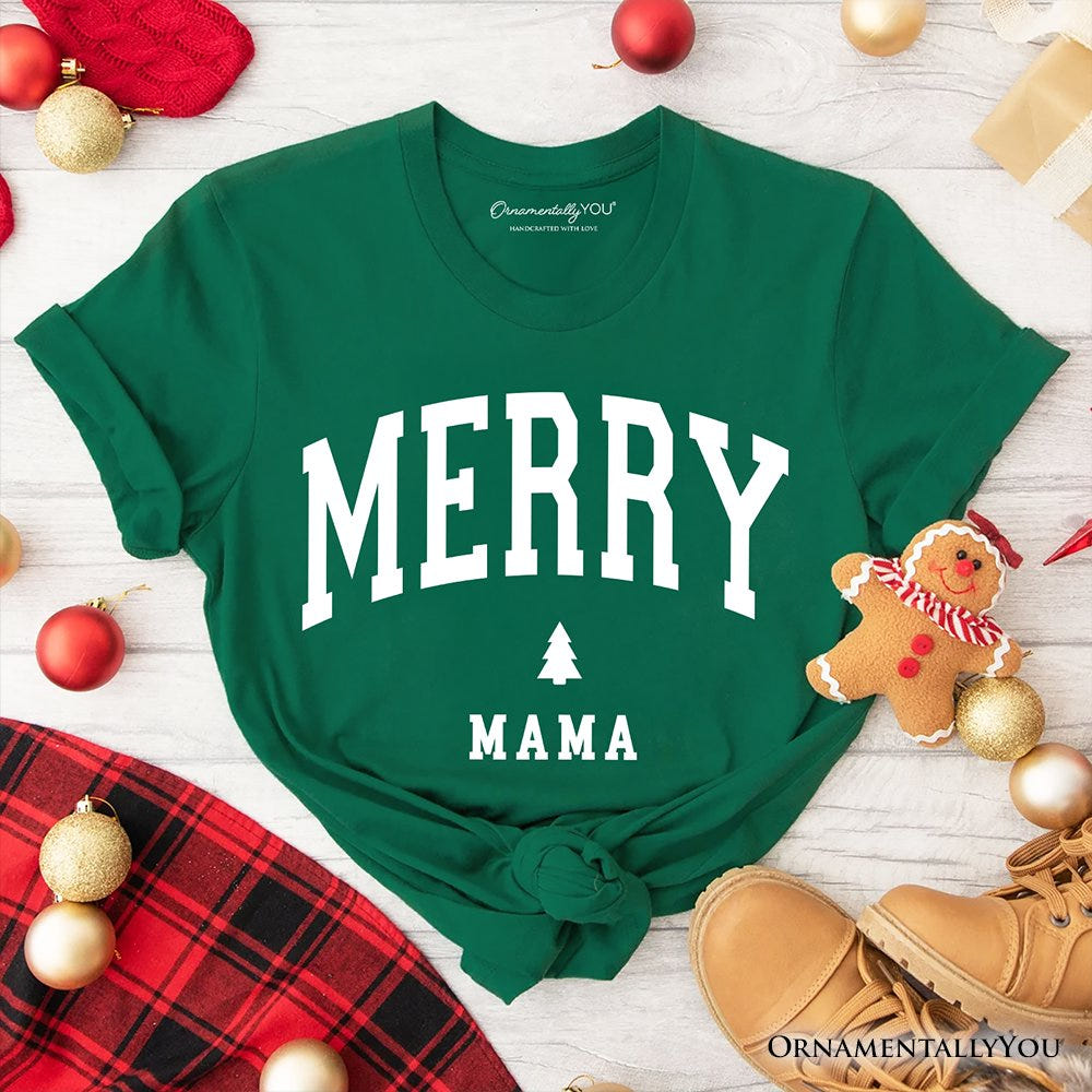 Merry Mama Retro Christmas T-Shirt, Matching Family Holiday Tee T-Shirts OrnamentallyYou Evergreen XS 