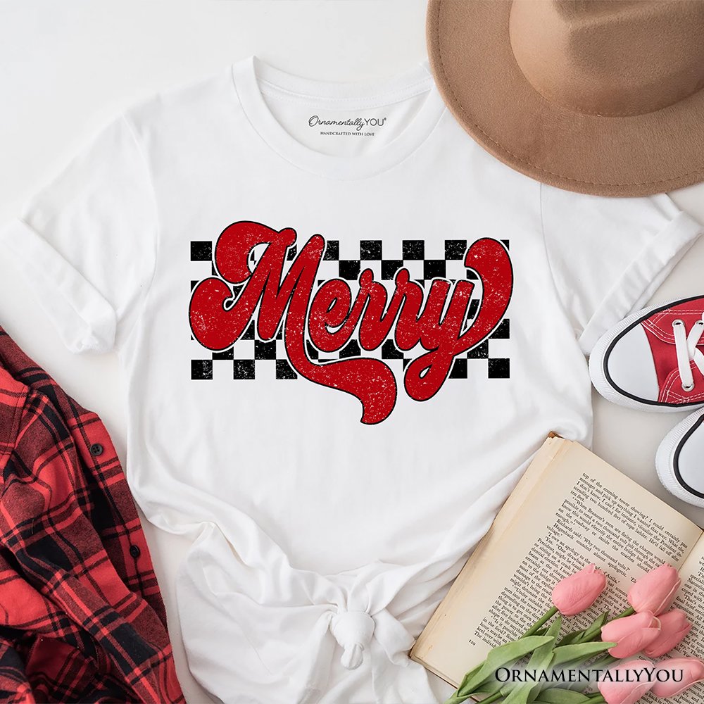 Merry Retro T‑Shirt, Christmas Checkered Tee T-Shirts OrnamentallyYou White XS 