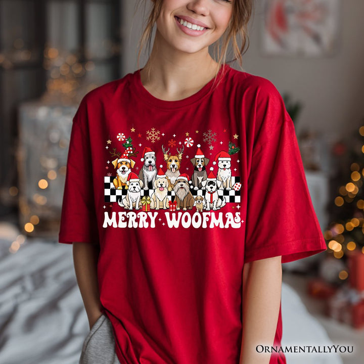 Merry Woofmas Dog Mama T‑Shirt, Dogs With Santa Hats Christmas Tee T-Shirts OrnamentallyYou 