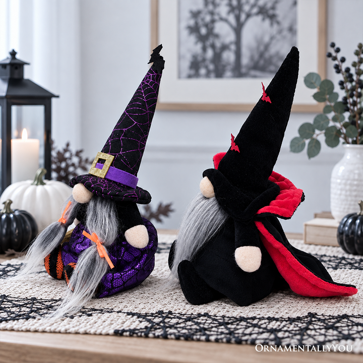 Midnight Magic Plush Gnome Set of 2, Gothic Witch and Vampire 10" Halloween Decor