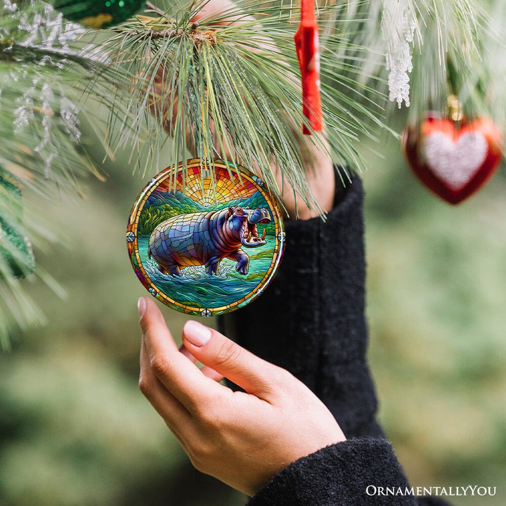 Mighty Hippopotamus Stained Glass Style Ceramic Ornament, African Animals Christmas Gift and Decor Ceramic Ornament OrnamentallyYou 