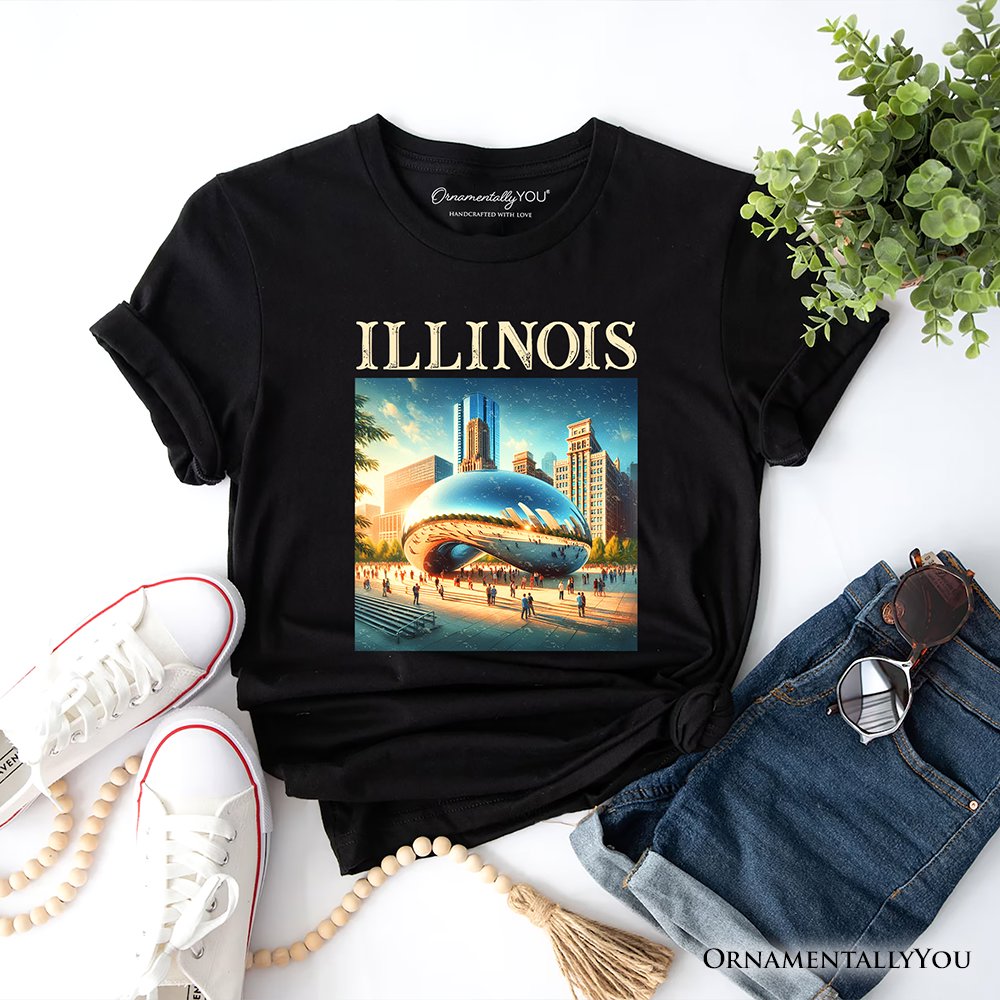 Modern Illinois State Cloud Gate T-Shirt, Iconic Chicago Bean Tee and Urban Landmark Souvenir T-Shirts OrnamentallyYou Black XS 