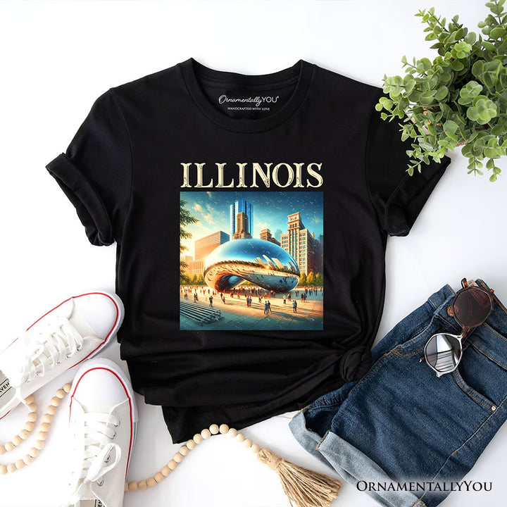 Modern Illinois State Cloud Gate T-Shirt, Iconic Chicago Bean Tee and Urban Landmark Souvenir T-Shirts OrnamentallyYou Black XS 