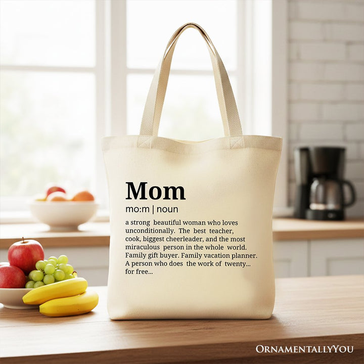 Mom Definition Canvas Tote Bag, Funny Mothers Day Gift Shopper Tote Bag OrnamentallyYou Beige 