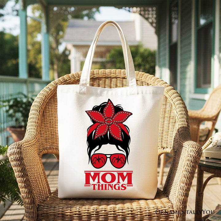 Mom Things Messy Bun Retro Canvas Tote Bag, Red Bandana Glasses Family Matching Gift Shopper Tote Bag OrnamentallyYou White 