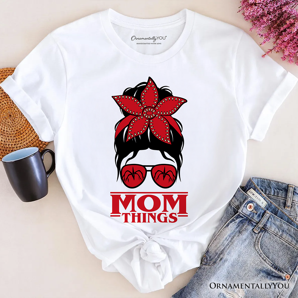 Mom Things Messy Bun Retro T-Shirt, Red Bandana Glasses Family Matching Tee