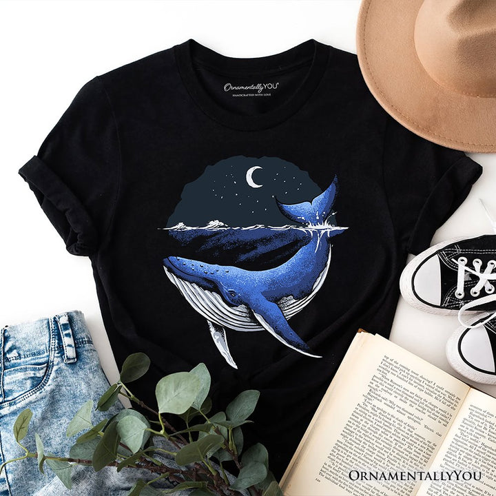 Moonlit Whale Vintage T-Shirt, Night Ocean Retro Tee T-Shirts OrnamentallyYou Black XS 