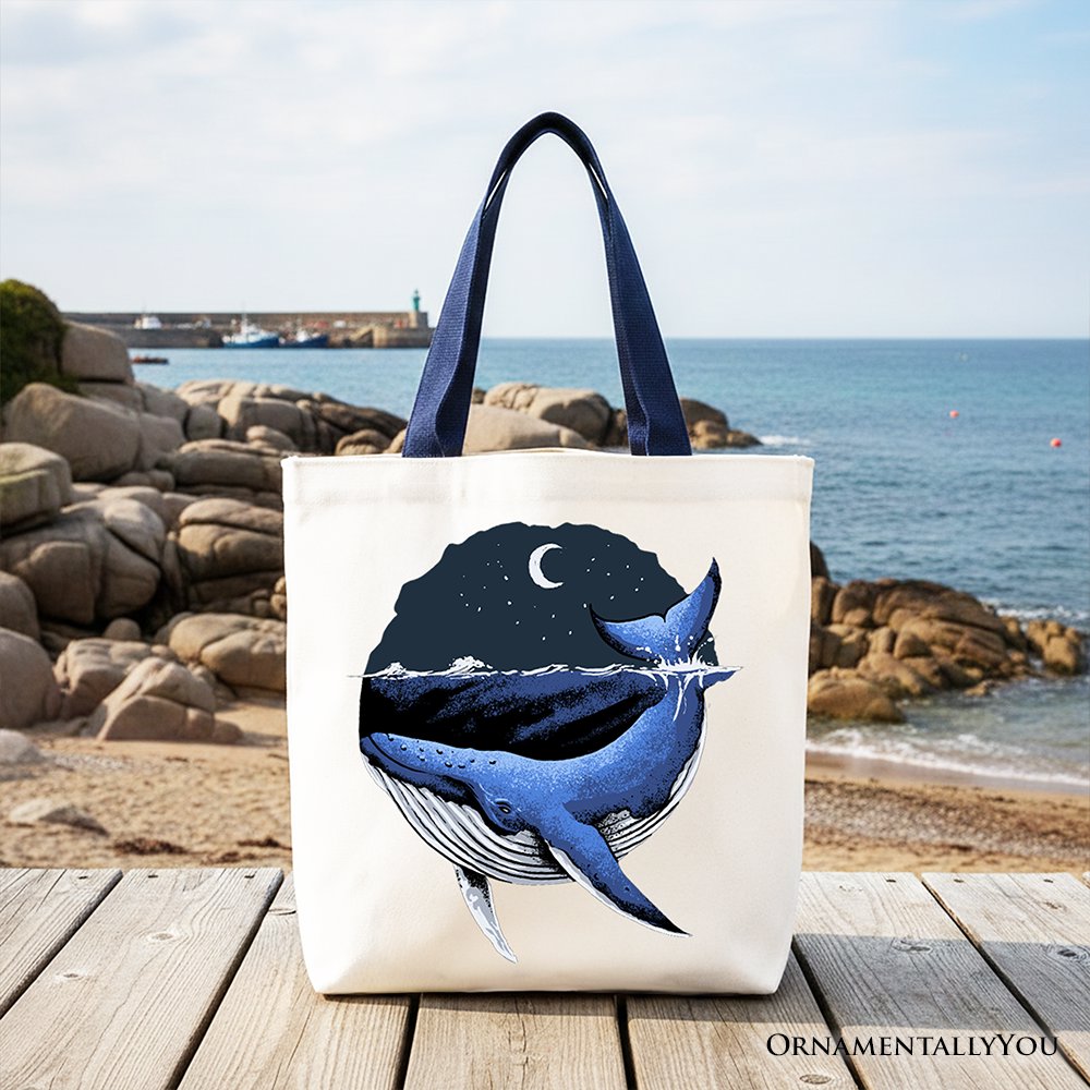 Moonlit Whale Vintage Tote Bag, Night Ocean Retro Gift Shopper Tote Bag OrnamentallyYou Navy Handle 