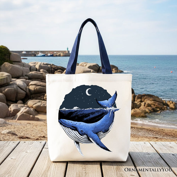 Moonlit Whale Vintage Tote Bag, Night Ocean Retro Gift Shopper Tote Bag OrnamentallyYou Navy Handle 