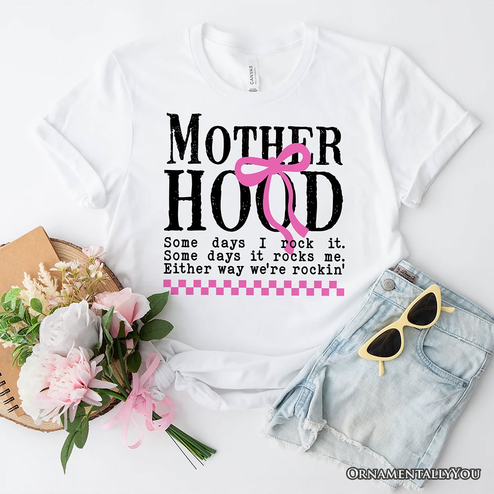 Motherhood Coquette Pink Bow T-Shirt, Retro Checkered White Tee for Sassy and Stylish Moms T-Shirts OrnamentallyYou White XS 