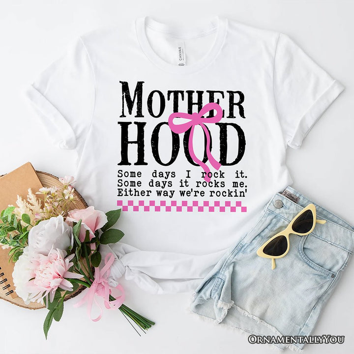 Motherhood Coquette Pink Bow T-Shirt, Retro Checkered White Tee for Sassy and Stylish Moms T-Shirts OrnamentallyYou White XS 
