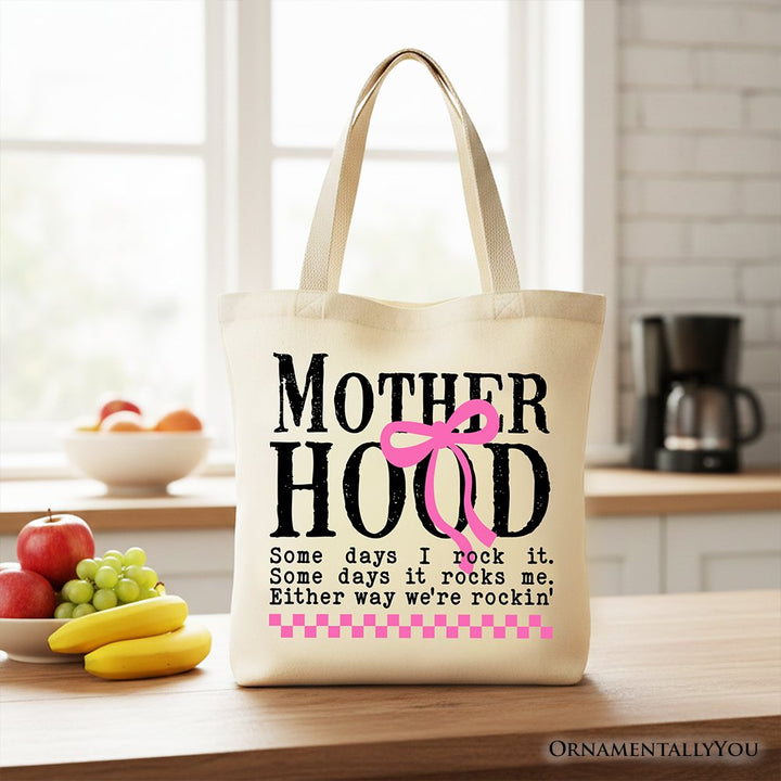 Motherhood Coquette Pink Bow Tote Bag, Retro Checkered Gift Shopper Tote Bag OrnamentallyYou Beige 