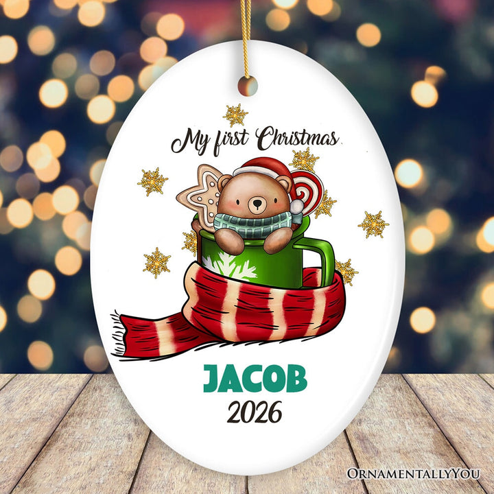 My First Christmas Cute Bear in Stocking Ornament, Custom Baby Gift Ceramic Ornament OrnamentallyYou Oval 