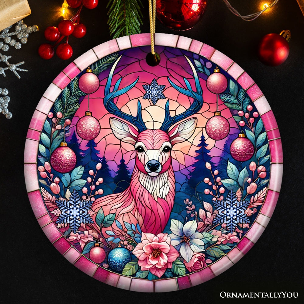 Mystical Yuletide Deer Pink Themed Ornament, Elegant Christmas Tree Decor Ceramic Ornament OrnamentallyYou Circle Version 1 