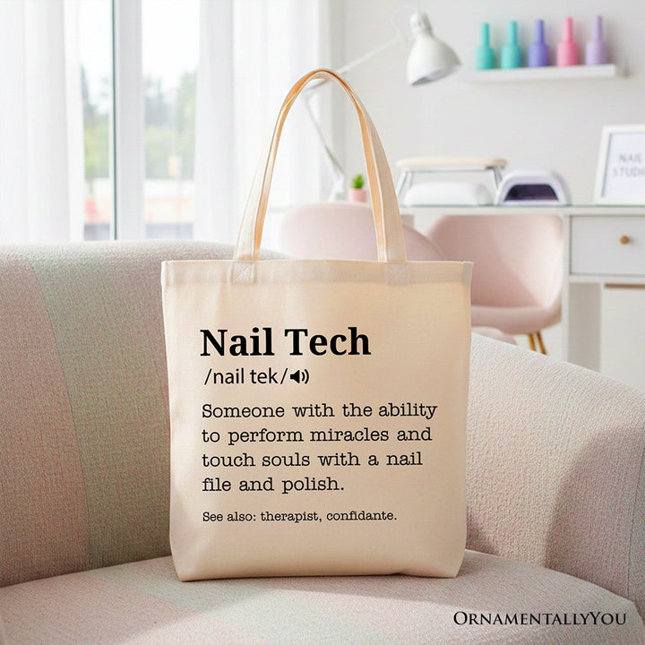 Nail Tech Definition Canvas Tote Bag, Funny Gift Shopper for Nail Hustler Tote Bag OrnamentallyYou Beige 