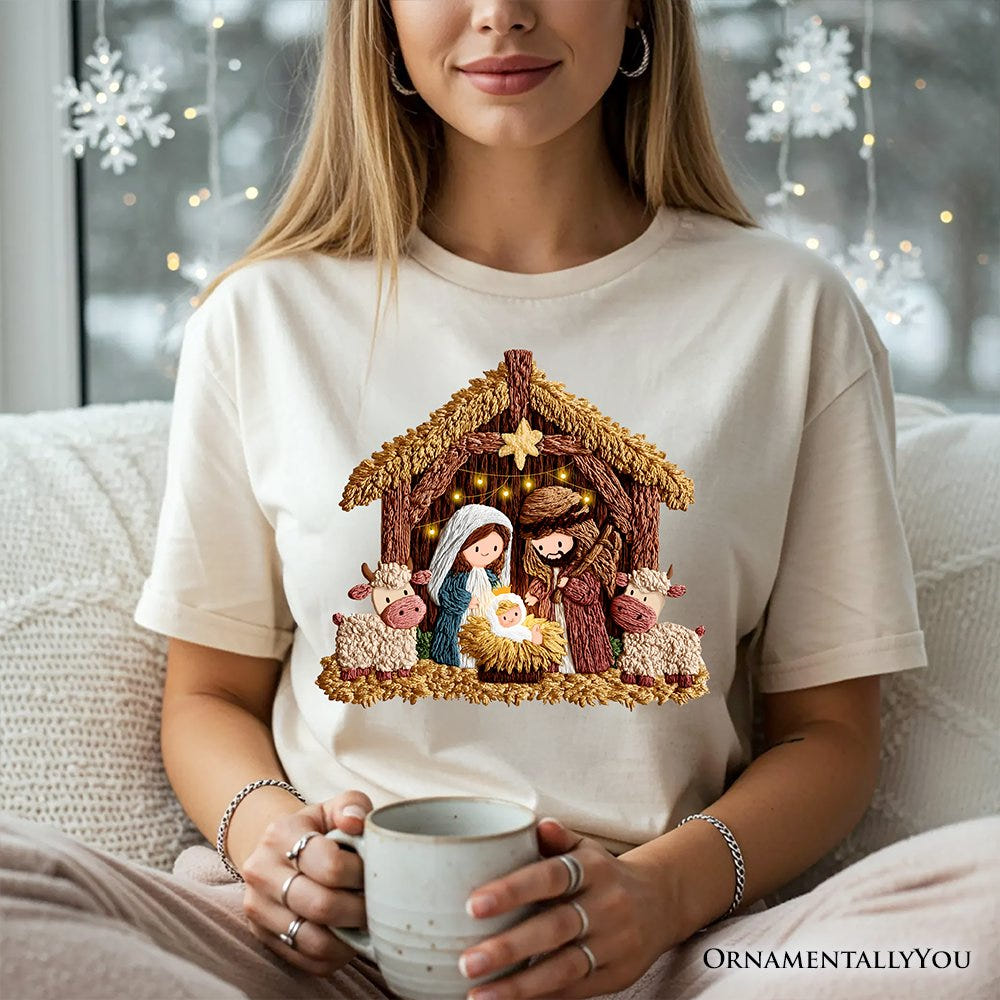 Nativity Holy Family Jesus Christmas T-Shirt, Imitation Latch Hook Yarn Cozy Christian Tee T-Shirts OrnamentallyYou 