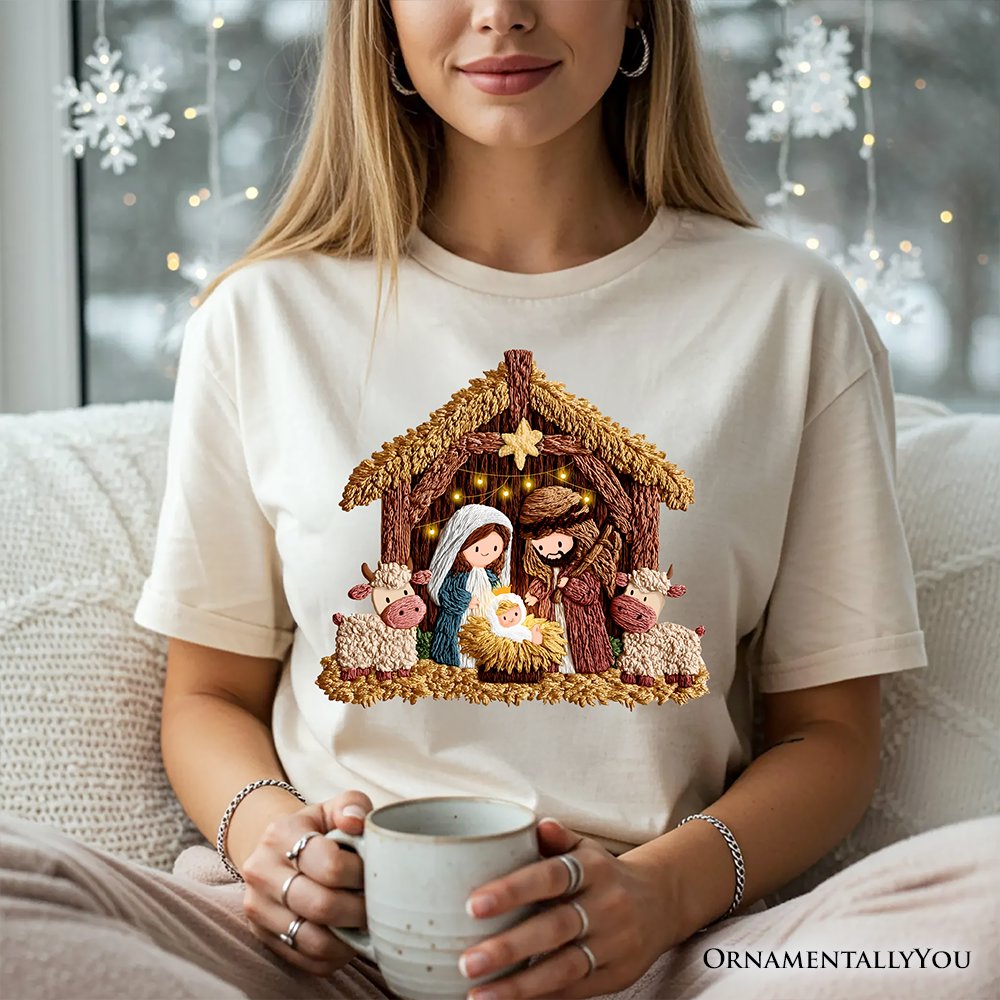 Nativity Holy Family Jesus Christmas T-Shirt, Imitation Latch Hook Yarn Cozy Christian Tee T-Shirts OrnamentallyYou 