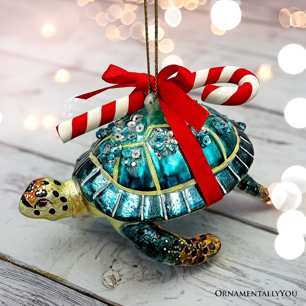 Nautical Gift Wrapped Sea Turtle Glass Christmas Ornament, Tropical Beach Holiday Decor Glass Ornament OrnamentallyYou 