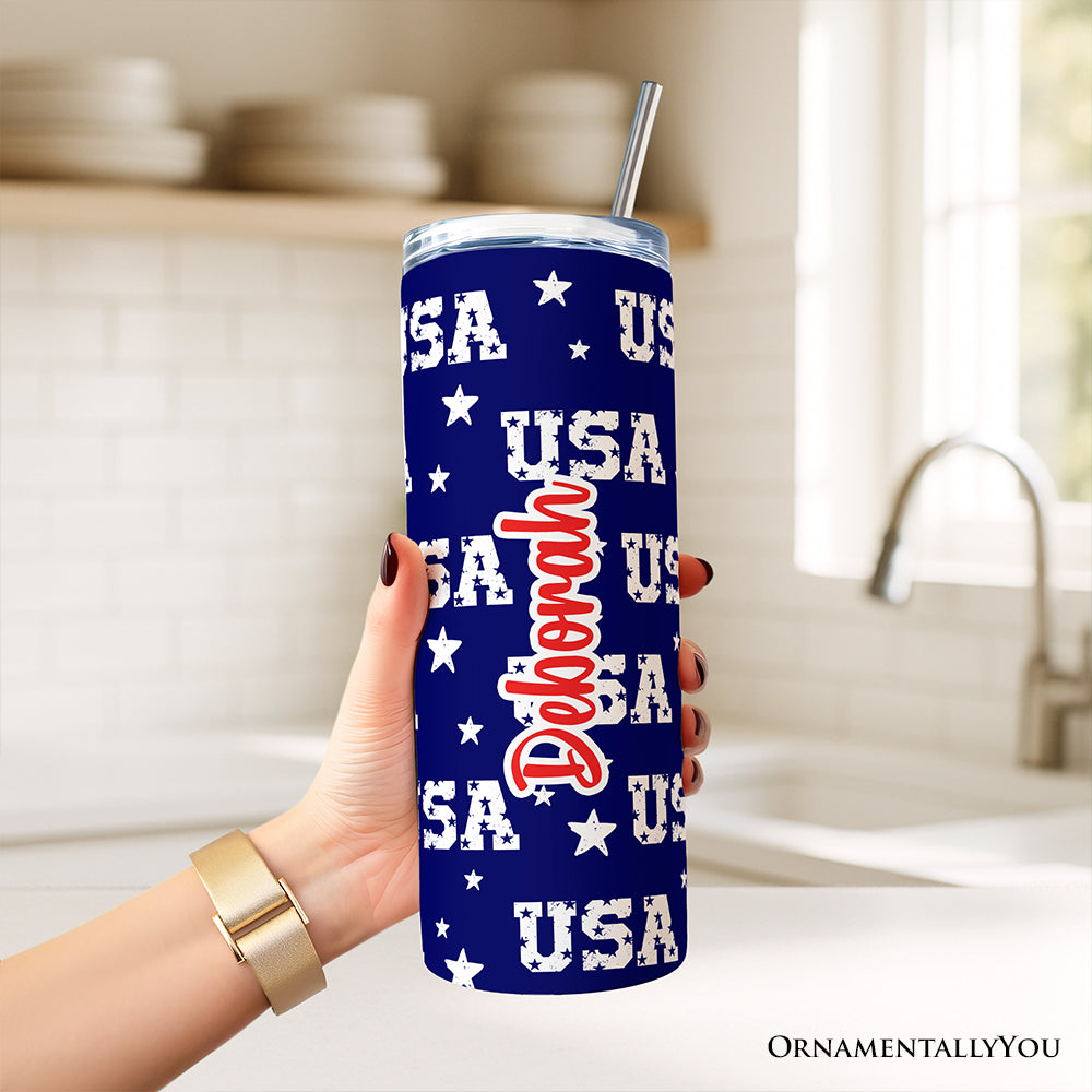 Navy USA Block Letters Pattern 20oz Personalized Tumbler With Lid and Stainless Steel Straw, Vintage Independence Day Patriotic Gift Cup