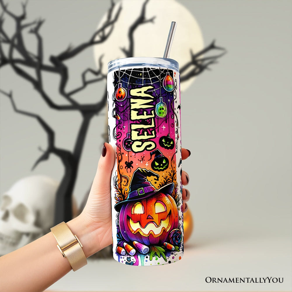 Neon Halloween Witch Scene 20oz Personalized Tumbler With Lid and Stainless Steel Straw, Colorful Spooky Gift Cup Tumbler OrnamentallyYou 