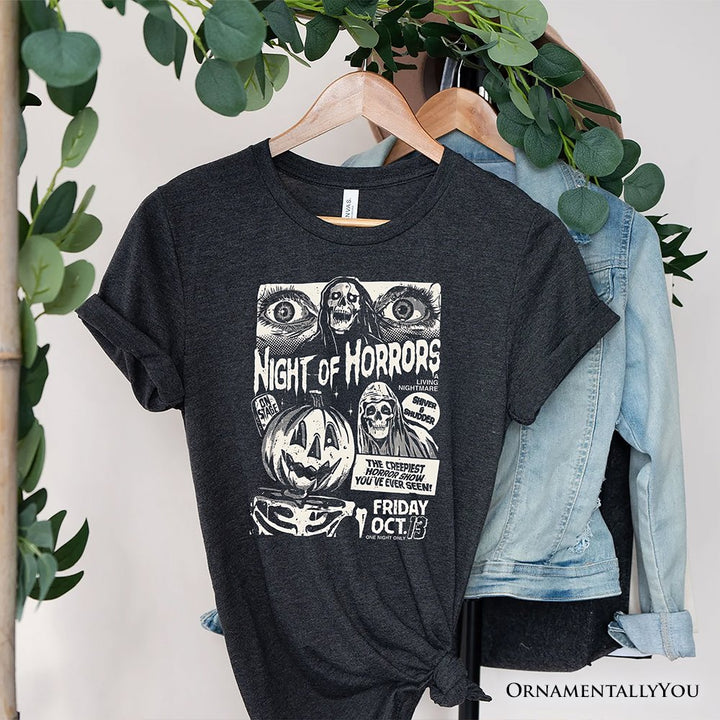 Night of Horrors Retro Halloween T-Shirt, Vintage Poster Tee for Spooky Season Fans T-Shirts OrnamentallyYou Gray XS 