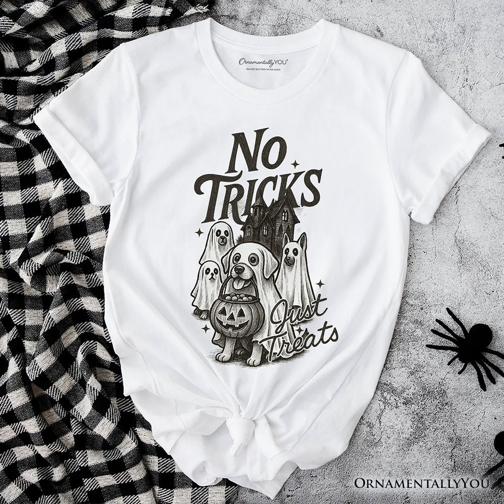 No Tricks Just Treats Dog T-Shirt, Funny Halloween Puppy Tee with Spooky Vibes T-Shirts OrnamentallyYou White XS 