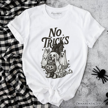 No Tricks Just Treats Dog T-Shirt, Funny Halloween Puppy Tee with Spooky Vibes T-Shirts OrnamentallyYou White XS 