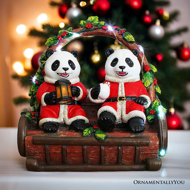 (Pre-Order) Nostalgic Panda Duo Festive Lighted Figurine, 6" LED Christmas Bear Statue Resin Statues OrnamentallyYou 