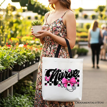 Nurse Floral Coquette Pink Bow Canvas Tote Bag, Retro Stethoscope Checkered Coworker Gift Tote Bag OrnamentallyYou 