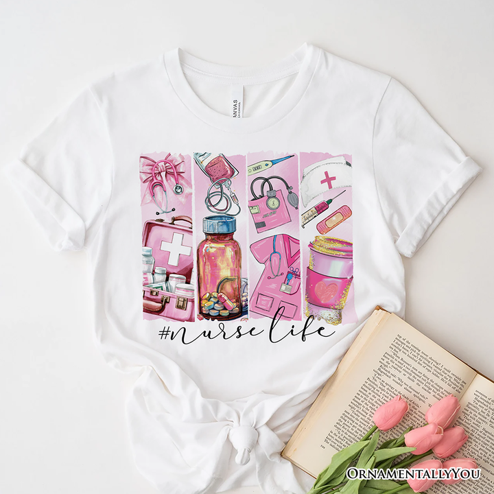 Nurse Life T-Shirt, White and Natural Medical Essentials Tee for Coquette Nurses