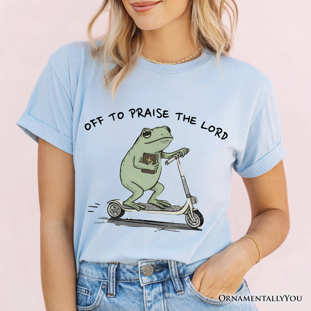 Off to Praise the Lord Funny Frog T-Shirt, Christian Faith Humor Jesus Tee