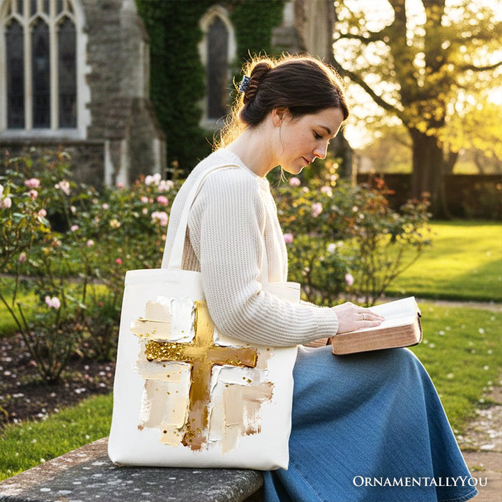 Oil Brushstroke Cross Canvas Tote Bag, Christian Faith Jesus Easter Gift Shopper Tote Bag OrnamentallyYou 