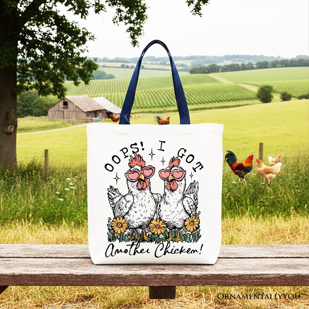 Oops I Got Another Chicken Canvas Tote Bag, Funny Farm Animal Gift Shopper Tote Bag OrnamentallyYou Navy Handle 