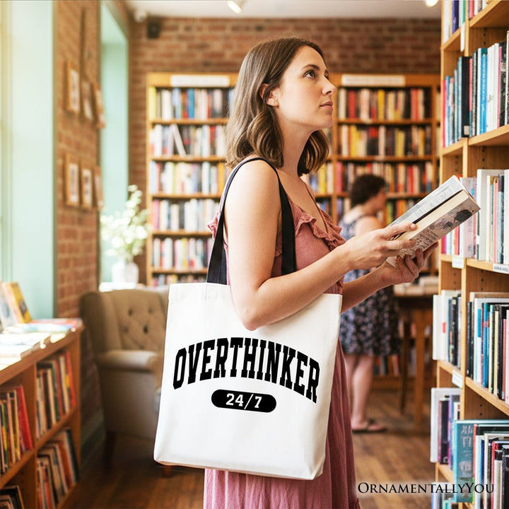 Over Thinker 24/7 Tote Bag, Minimalist Collegiate Gift Shopper for Tired Women Tote Bag OrnamentallyYou 