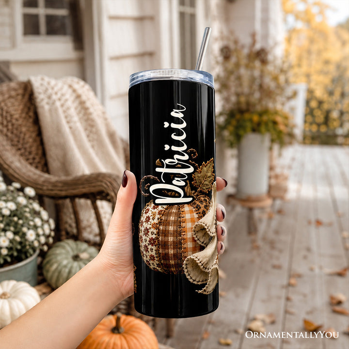 Patchwork Ghost Leopard 20oz Personalized Tumbler With Lid and Stainless Steel Straw, Rustic Fall Halloween Gift Cup