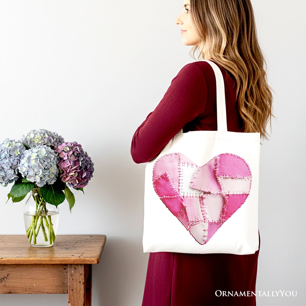 Patchwork-Style Pink Heart Canvas Tote Bag, Vintage Valentine Coquette Love Printed Gift Bag Tote Bag OrnamentallyYou 
