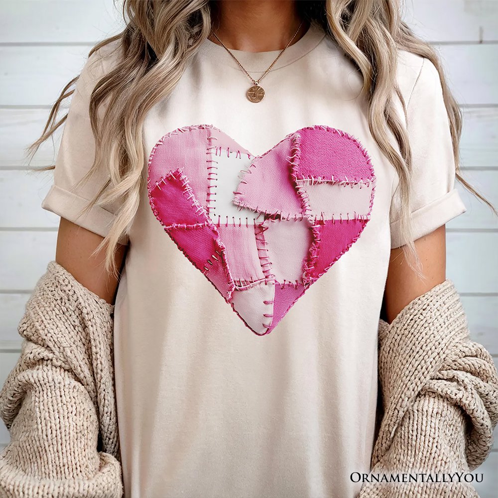 Patchwork Pink Heart Valentine T-Shirt, Love Retro Coquette Tee T-Shirts OrnamentallyYou 