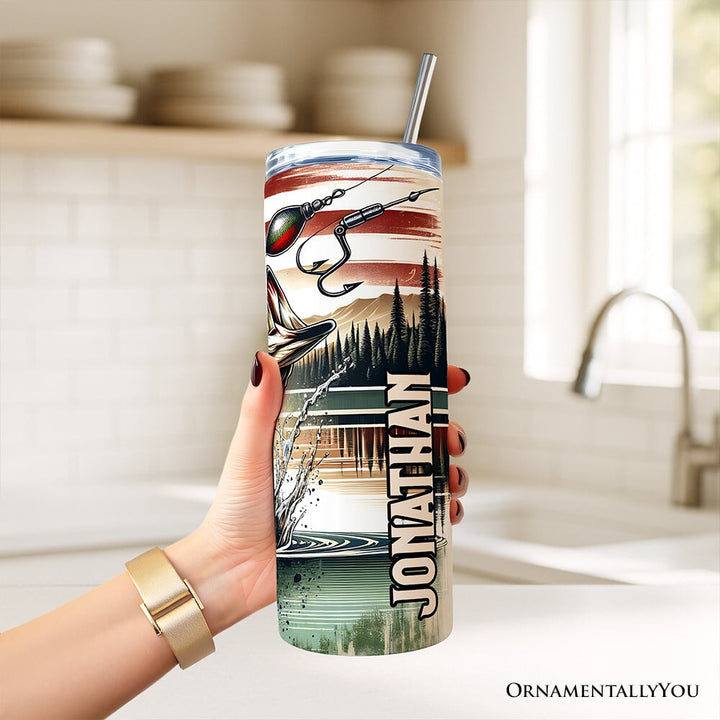 Patriotic Bass Fishing 20oz Personalized Tumbler With Lid and Stainless Steel Straw, Retro Angler Gift Cup Tumbler OrnamentallyYou 