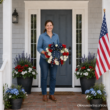 Patriotic Red White & Blue 18" Floral Wreath with Star Bow