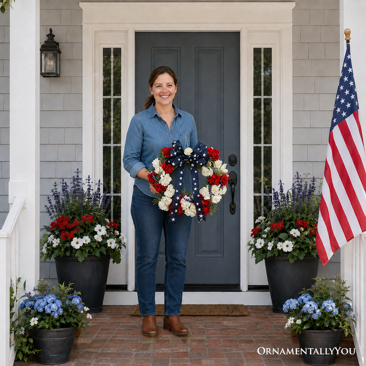 Patriotic Red White & Blue 18" Floral Wreath with Star Bow