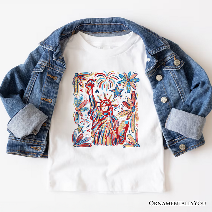 Patriotic Statue of Liberty and Fireworks T-Shirt, Festive 4th of July Tee