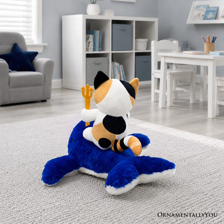 Pawseidon Cat Riding a Whale Plushie Set, 16" Funny Ocean Stuffed Animal Gift for Kids and Teens