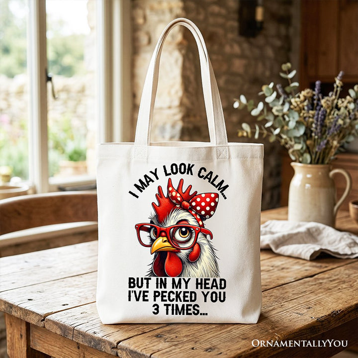 Pecking Chicken Tote Bag, Red Glasses and Bow White Gift Shopper for Sassy Women Tote Bag OrnamentallyYou White 