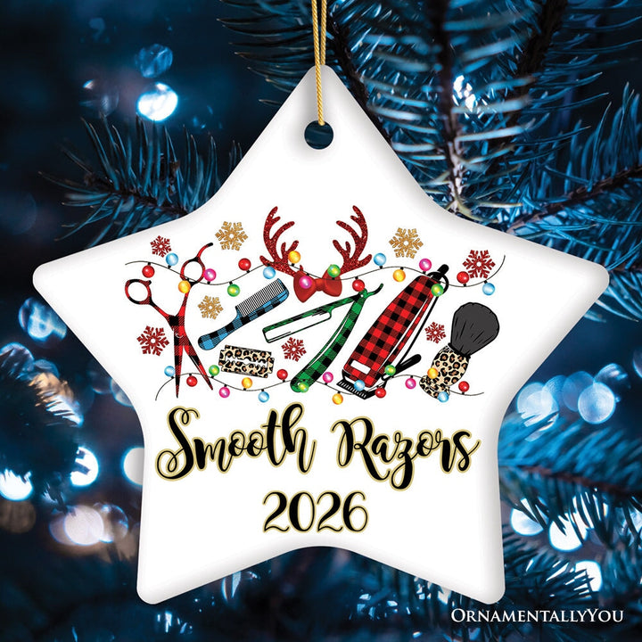 Personalized Barber Buffalo Plaid Leopard Merry Christmas Ornament, Barbershop Gift Ceramic Ornament OrnamentallyYou Star 