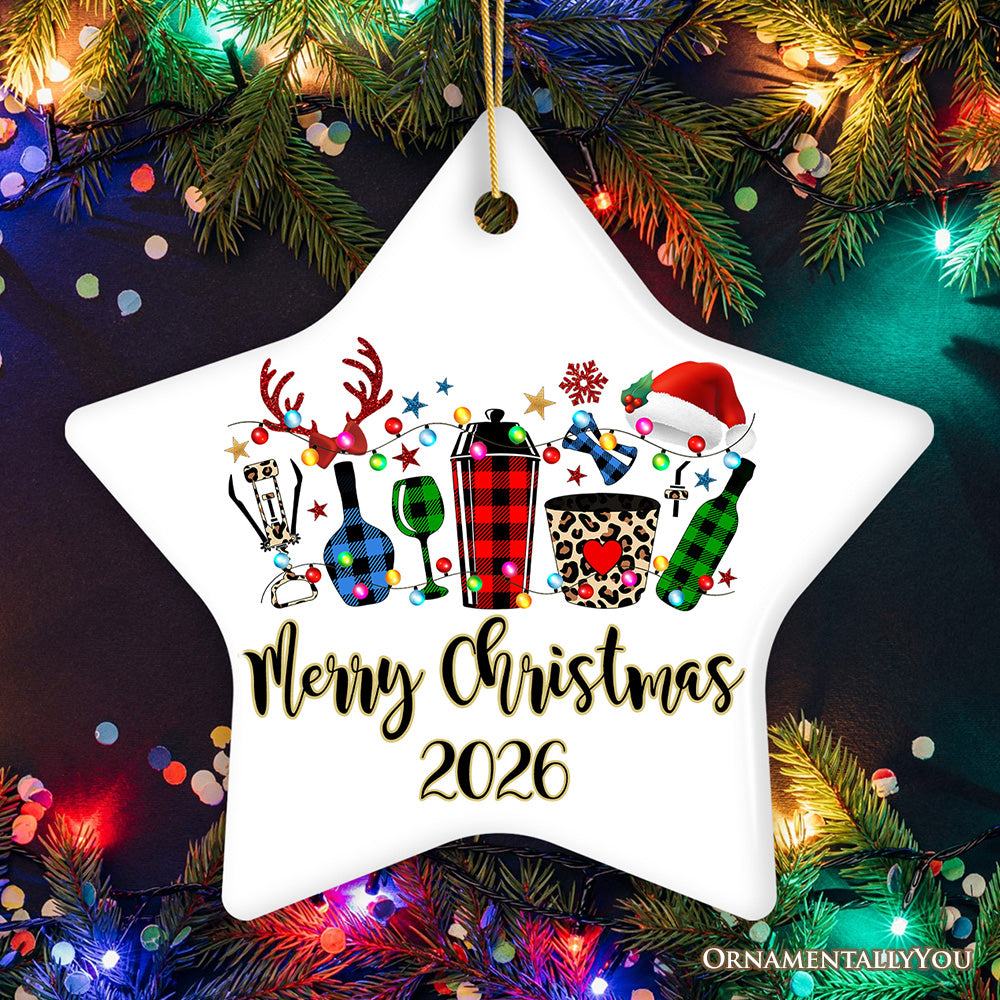 Personalized Bartender Buffalo Plaid Leopard Merry Christmas Ornament Gift