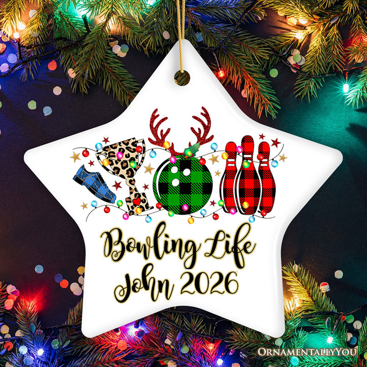 Personalized Bowling Buffalo Plaid Leopard Christmas Ornament, Ball Pins and Trophy