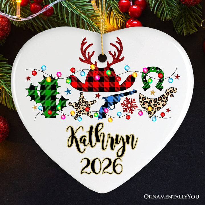 Personalized Buffalo Plaid Gunslinger Western Cowboy Style Christmas Ornament Ceramic Ornament OrnamentallyYou Heart 