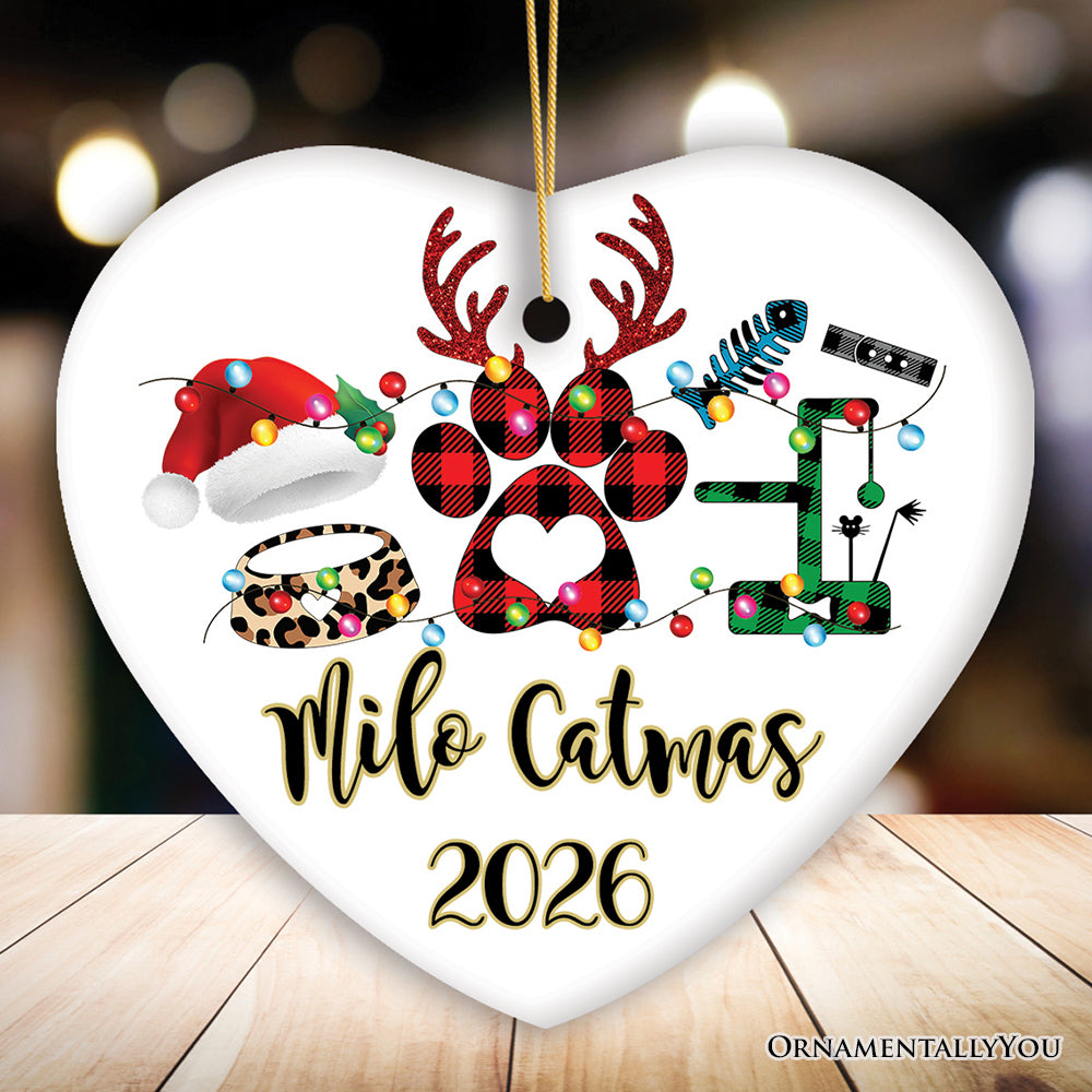 Personalized Cat Buffalo Plaid Leopard Merry Christmas Ornament, Cat Mom Gift